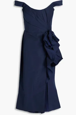 Marchesa Notte Off-the-shoulder floral-appliquéd taffeta midi dress - Blue - US 10