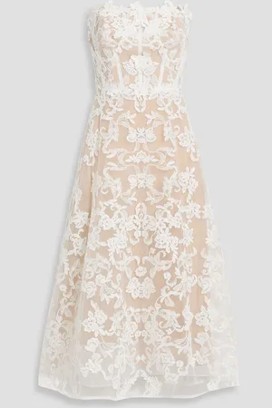 Marchesa Notte Strapless floral-appliquéd corded lace midi dress - White - US 4