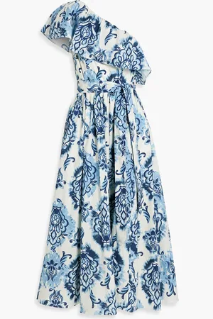 MIKAEL AGHAL One-shoulder printed cotton-poplin midi dress - Blue - US 4