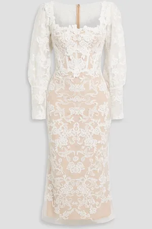 Marchesa Notte Floral-appliquéd corded lace midi dress - - US 12