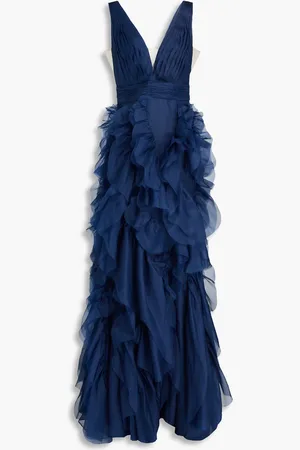 Marchesa Notte Ruffled silk-organza gown - Blue - US 14