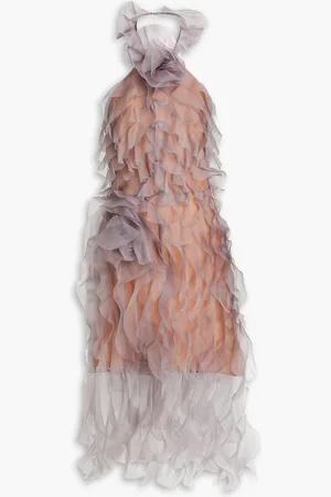 Marchesa Notte Floral-appliquéd ruffled silk-organza halterneck dress - - US 14