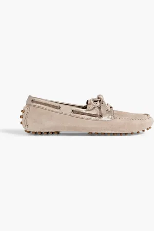 Brunello Cucinelli Bead-embellished metallic leather and suede loafers - Neutral - EU 35
