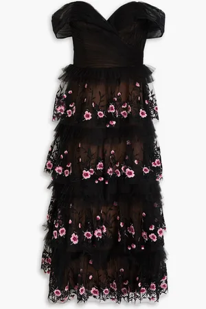 Marchesa Notte Off-the-shoulder embellished tulle midi dress - - US 0