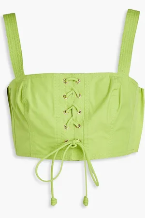 ULLA JOHNSON Isla cropped lace-up cotton-poplin top - Green - US 10