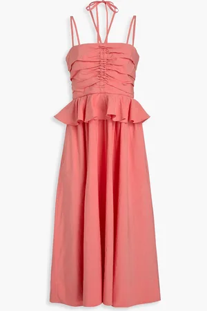 ULLA JOHNSON Anastasia ruched cotton, linen and silk-blend midi dress - Orange - US 0