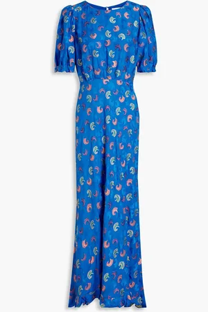 SALONI Vida ruffled printed silk-satin jacquard maxi dress - Blue - UK 14