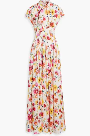 MIKAEL AGHAL Pussy-bow pleated floral-print satin maxi dress - White - US 4
