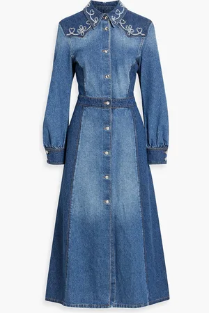 Chloé Embroidered two-tone denim midi shirt dress - Blue - FR 42