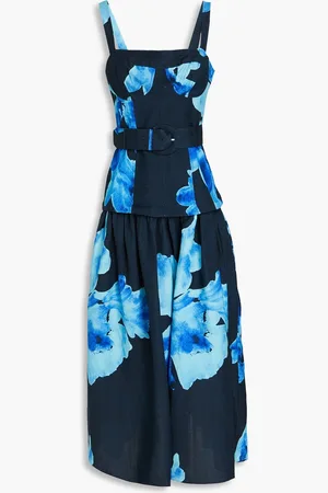 Nicholas Belted floral-print linen-blend midi dress - Blue - US 6