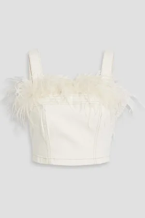 Simkhai Reeves cropped feather-trimmed denim top - White - US 10