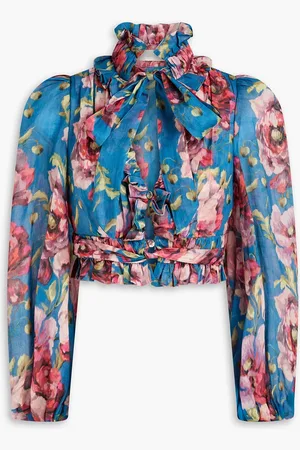 ZIMMERMANN Cropped pussy-bow floral-print ramie blouse - Blue - 00