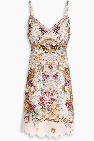 Camilla Lace-trimmed crystal-embellished printed silk-satin mini dress - - XL