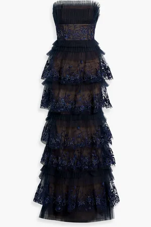 Marchesa Notte Strapless tiered embellished tulle gown - Blue - US 10