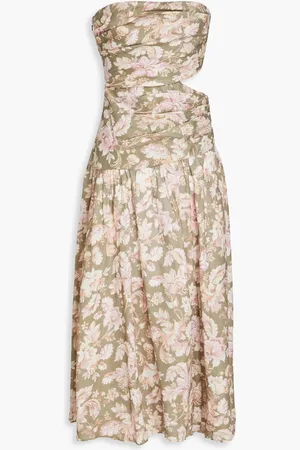 ZIMMERMANN Strapless cutout floral-print linen midi dress - Green - 0