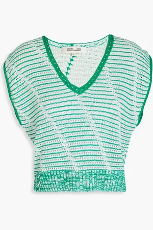Diane von Furstenberg Claud striped pointelle-knit cotton top - Green - L