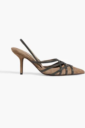 Brunello Cucinelli Bead-embellished suede slingback pumps - Brown - EU 39