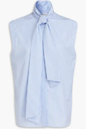 Another Tomorrow Tie-neck striped cotton-poplin blouse - Blue - IT 42