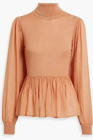 ULLA JOHNSON Liana chiffon-paneled wool and silk-blend turtleneck top - Orange - L