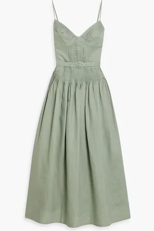 Nicholas Belted pintucked linen maxi dress - Green - US 6