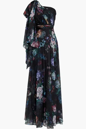 Marchesa Notte One-shoulder pleated floral-print chiffon gown - White - US 6