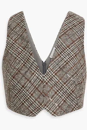 Brunello Cucinelli Cropped sequined Prince of Wales checked wool and alpaca-blend tweed top - - M