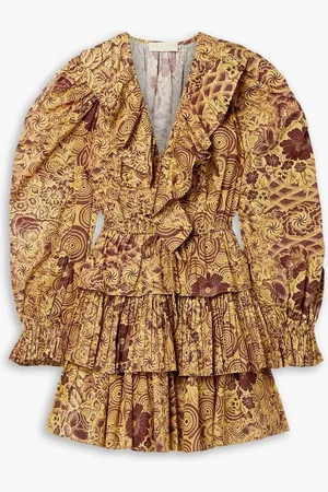 ULLA JOHNSON Lola tiered printed cotton-poplin mini dress - Yellow - US 4