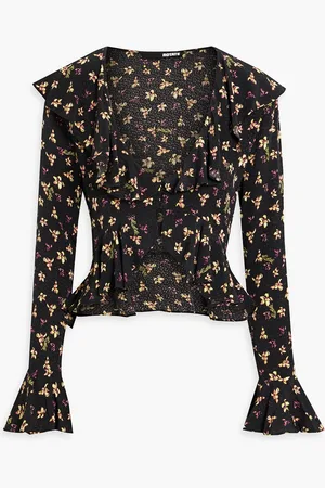 ROTATE Cropped ruffled floral-print jacquard top - - DE 38