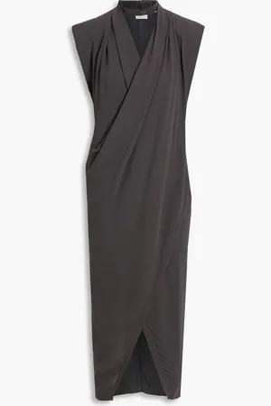 Brunello Cucinelli Wrap-effect silk-crepe midi dress - Gray - XS