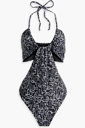 ROSETTA GETTY Ruched cutout printed halterneck swimsuit - - S