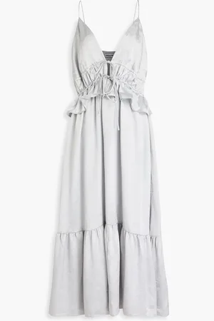 Solid Ruffled crinkled-satin midi dress - Gray - L