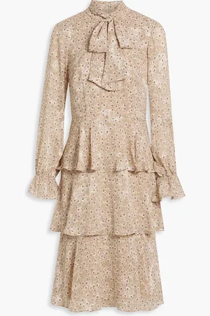 MIKAEL AGHAL Pussy-bow tiered floral-print fil coupé dress - Neutral - US 6