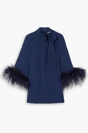 HUISHAN ZHANG Colette bow-detailed feather-trimmed crepe top - Blue - UK 14