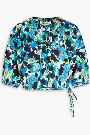 Diane von Furstenberg Dario cropped printed cotton-blend poplin top - Blue - L