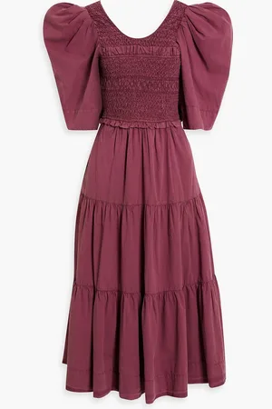 SEA Simona bow-detailed smocked cotton midi dress - Burgundy - XXS