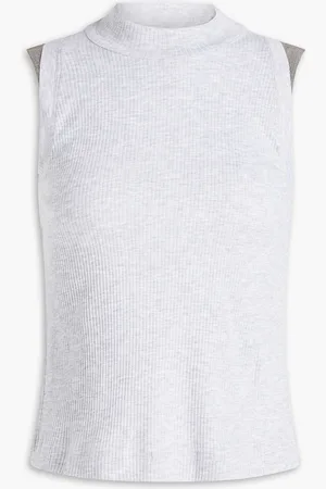 Brunello Cucinelli Bead-embellished ribbed cotton-jersey tank - Gray - 3XL