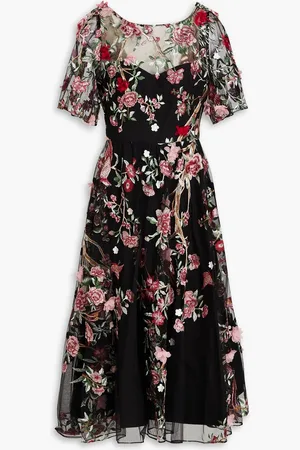 Marchesa Notte Embroidered tulle midi dress - - US 0