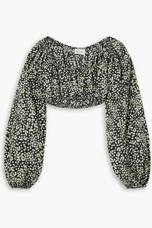 MATTEAU Cropped floral-print cotton-poplin top - Blue - 5