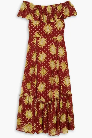 RIXO London Mauve off-the-shoulder printed metallic fil coupé chiffon maxi dress - Red - UK 8