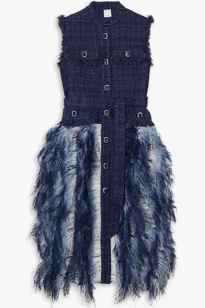 HUISHAN ZHANG Wyatt crystal-embellished feather-trimmed belted metallic tweed midi dress - Blue - UK 12