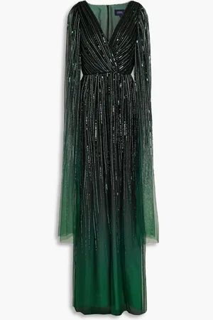 Marchesa Notte Cape-effect embellished tulle gown - Green - US 2