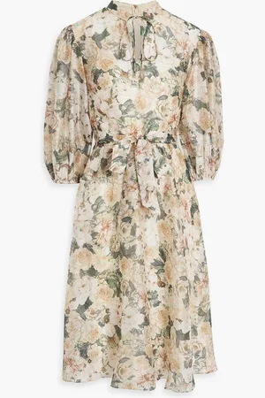 MIKAEL AGHAL Tie-detailed floral-print habotai dress - Yellow - US 4