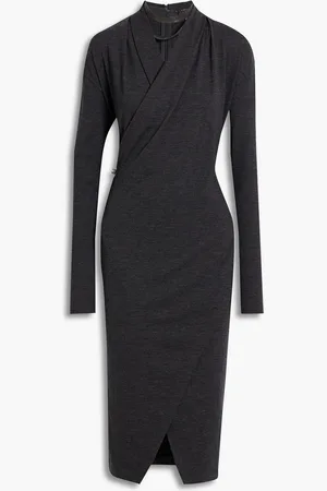 Brunello Cucinelli Wrap-effect bead-embellished wool-blend jersey dress - Gray - L