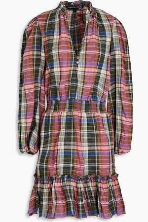 VERONICA BEARD Destiny ruffled metallic checked cotton-blend mini dress - Green - US 4
