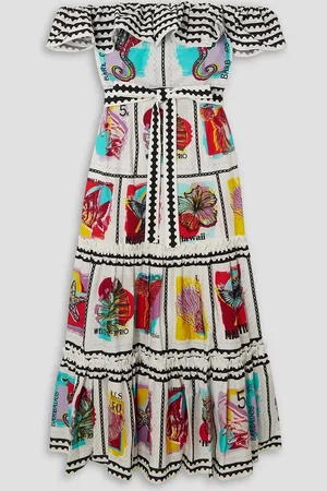 Mary Katrantzou Cannes off-the-shoulder tiered printed cotton-blend midi dress - - UK 6