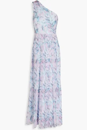 MIKAEL AGHAL One-shoulder pleated printed chiffon maxi dress - Purple - US 10