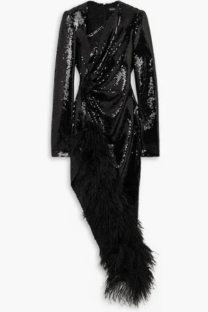 DAVID KOMA Asymmetric feather-trimmed sequined chiffon midi dress - - UK 8