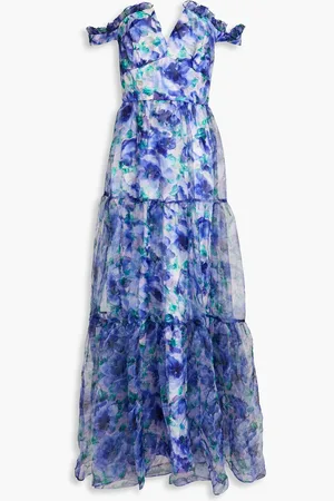 THEIA Off-the-shoulder floral-print crinkled organza gown - Blue - US 6