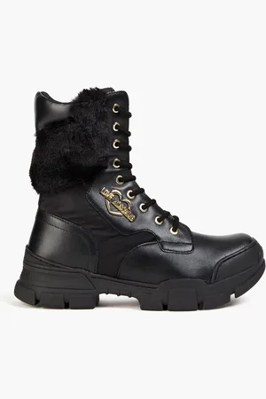 Moschino Faux fur-trimmed faux-leather combat boots - - EU 35