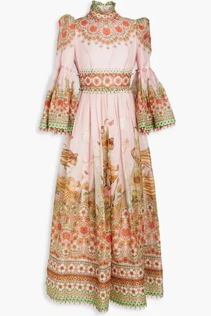 ZIMMERMANN Bead-embellished printed linen and silk-blend maxi dress - Pink - 00